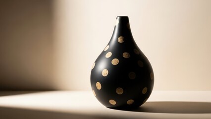 Sleek black ceramic vase with captivating golden polka dot pattern, a striking modern home decor piece.