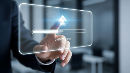 Hand touching futuristic screen with crypto loading bar