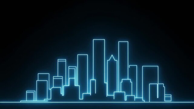 Digital Neon Cityscape Skyline Outline Animation Blue Glow Futuristic City Buildings Abstract Background