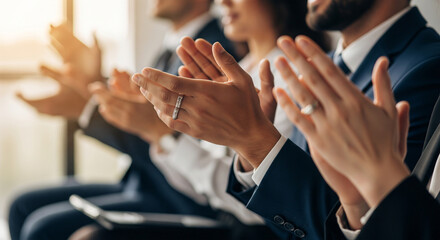 Group of colleagues clapping hands at a business presentation showing appreciation, motivation, and positive corporate culture.