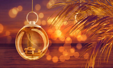 Palme branch with transparent Christmas ball with Christmas tree. Christmas travel concept