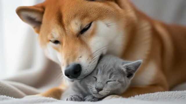 仲良く寄り添ってリラックスする柴犬と子猫