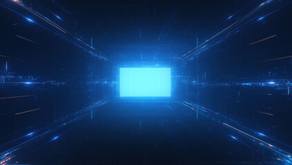 A futuristic digital tunnel with blue glowing lines and a central bright square, representing advanced technology and cyber space.