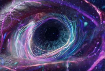 A visually striking abstract image featuring an eye with vibrant cosmic colors and swirling patterns reminiscent of the universe.