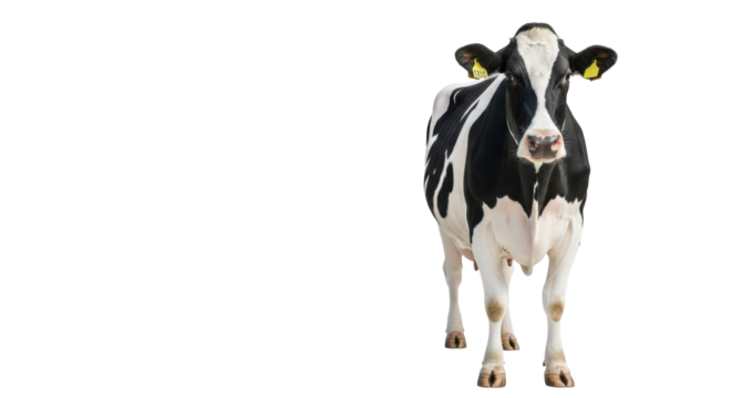 A statuesque holstein dairy cow with a pristine black and white coat and yellow ear tag looks directly at the camera on a transparent studio background with copy space. Concept for dairy - Powered by Adobe