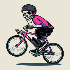 Obraz premium Vector illustration of a skeleton cyclist in a sporty cartoon style. Ideal for cycling apparel, extreme sports graphics, and streetwear merchandise.
