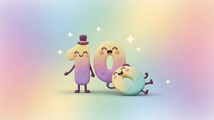 Charming cartoon fruits with faces and limbs playfully pose against a soft pastel rainbow background