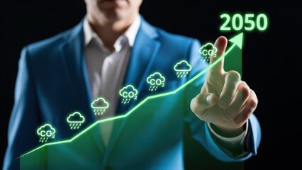 Businessman interacting with futuristic climate change projection graph indicating environmental challenges towards 2050