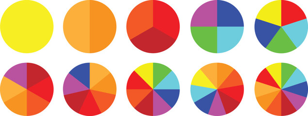 Pie chart color icons. Segment slice sign. Circle section graph. 1,2,3,4,5,6,7,8,9,10, segment infographic. Pie chart set. Wheel round diagram part symbol. Three phase, six circular cycle