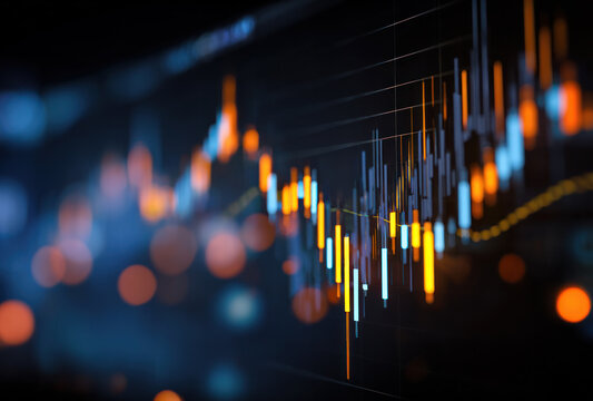 This image shows financial stock market trading analysis with colorful candlestick charts and trend lines. - Powered by Adobe