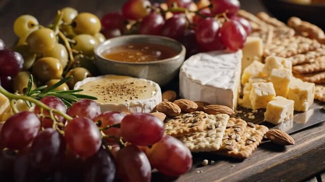 Close-up of a wooden board with various cheeses, grapes, crackers, nuts, and a small bowl of dip