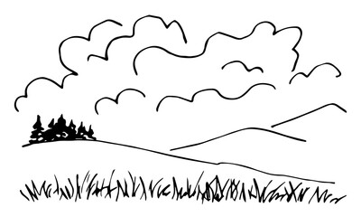A hand-drawn vector drawing with a black outline. Clouds in the sky, mountains, fir trees, grass in the foreground. Nature and plants, rural landscape. Sketch in ink.