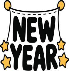 Cute New Year Text Banner  Stars Festive Cartoon Holiday Typography