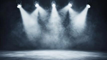 Empty stage with spotlights on dark gray background with subtle mist, dramatic lighting and shadows, ideal for high-end events like fashion shows, art exhibitions and corporate gatherings.