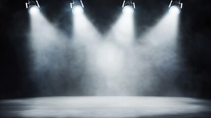 Empty stage with spotlights on dark gray background with subtle mist, dramatic lighting and shadows, ideal for high-end events like fashion shows, art exhibitions and corporate gatherings.