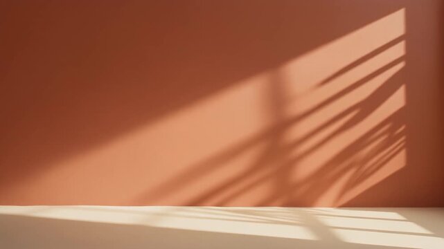 Minimalist sunlit wall background featuring soft terracotta tones and fabric shadow patterns. Warm sunset light creates a premium atmosphere for lifestyle branding and product placement.