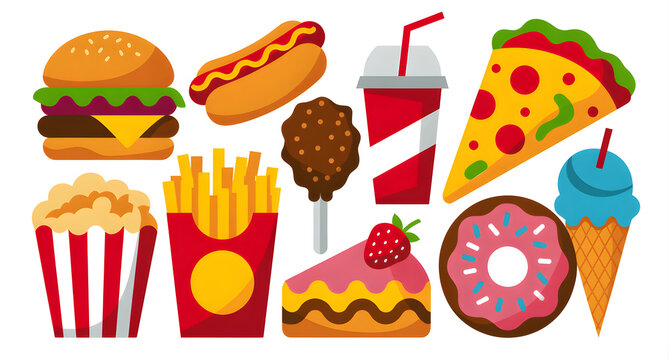 Colorful Fast Food Icon Set – Burgers, Pizza, Snacks & Drinks - Powered by Adobe