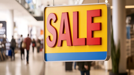 A hanging yellow sign with red block letters spelling 'SALE', against a blurred background of shoppers. Sale season is on! Get ready to grab some great deals this season!