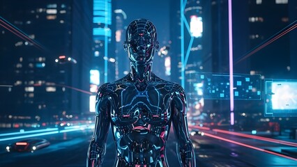 Futuristic humanoid robot standing in a neon cyberpunk city at night.