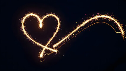 Golden light painting creates a heart shape with a flowing trail on a dark background