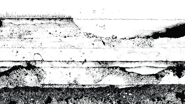 black and white land cross-section grunge texture, grass on top of layered rock, distressed earth strata overlay
