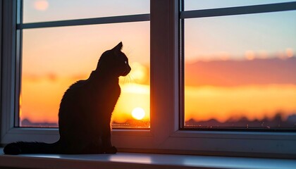 National Cat Lovers’ Month Black Cat Pondering The Horizon Window Sunset Light Emotional Pet Portrait