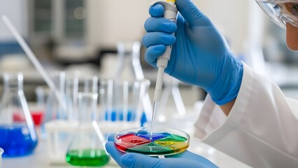 Scientist in blue gloves uses pipette to add liquid to petri dish in laboratory