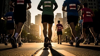 Marathon runners race down city street at sunrise with long shadows