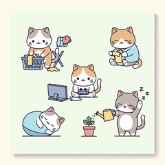 Charming Pastel Kawaii Cat Illustrations A Collection of Cute Felines Engaging in Daily Activities with Vibrant Colours and Playful Moments