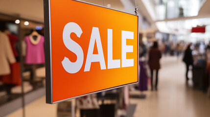 A vibrant orange sale sign hangs in a bustling shopping mall, drawing attention to potential discounts and promotional offers for shoppers seeking deals. Seasonal savings event.