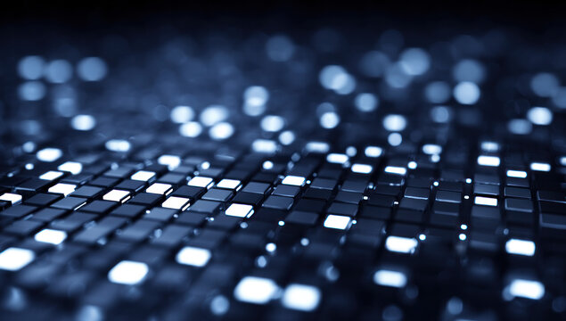 An abstract digital pattern featuring shiny blue squares representing modern technology and data