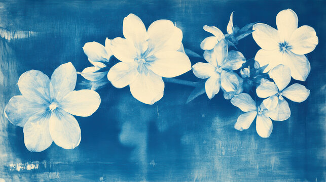 Vintage cyanotype flowers on blue background with artistic texture