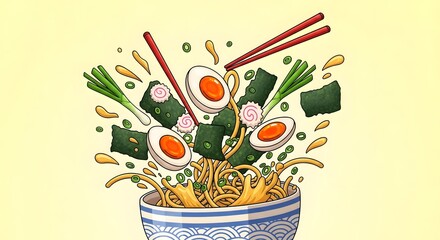 Cartoon ramen bowl bursting with noodles, egg, and toppings in mid-air, perfect for fun food posters, menus, and playful digital designs.
