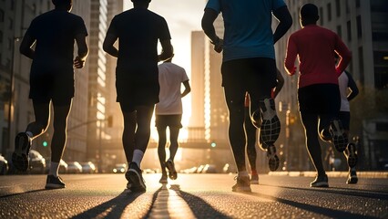 Group of runners training on a city street at sunrise