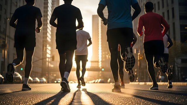 Group of runners training on a city street at sunrise - Powered by Adobe