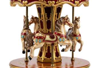 highly detailed macro shot of an ornate vintage miniature music box carousel featuring porcelain horses and aged gold leaf filigree, isolated on white. concept of preserved history and nostalgic