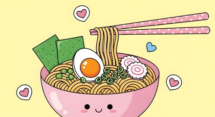 Cute kawaii ramen bowl with oversized chopsticks, thick noodles, egg, and bright toppings on a pastel background with tiny hearts, ideal for stickers and merch.