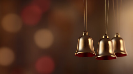 Obraz premium Golden bells suspended against a bokeh background exude a sense of holiday anticipation. Festive elegance is captured through a timeless symbol of celebration.