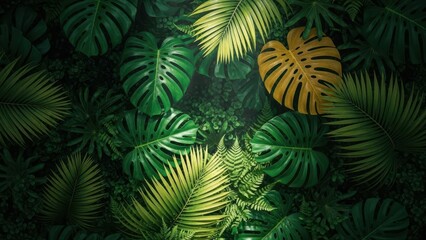Lush tropical foliage background with vibrant green monstera, palm, and fern leaves, featuring a striking golden leaf