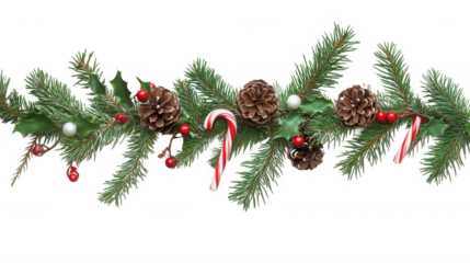 Festive evergreen garland border with pinecones holly berries candy canes and white ornaments on black on transparent background