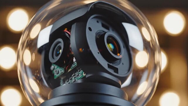 Dome Security Camera Macro Banner Background with Rotating Lens and Indoor Light Reflections