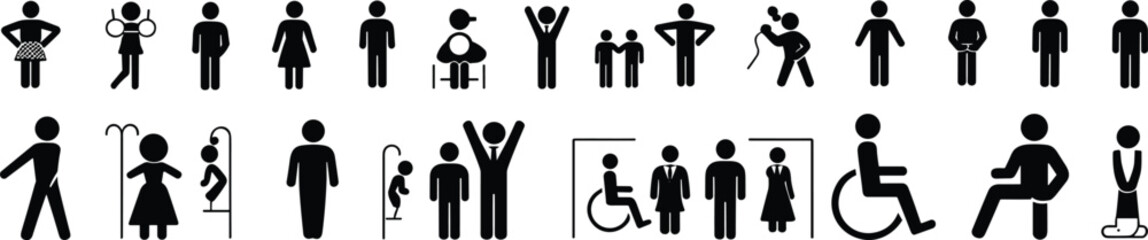 Assortment Of Black Stick Figure People Icons Representing Different Individuals And Scenarios vector