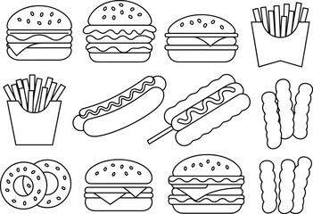 Set of black and white fast food line art icons including burgers, fries, hot dogs, donuts and snacks in simple outline style