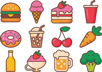 Set of twelve cute cartoon food icons including burger, ice cream, cake, drinks, donut, cherries, carrot, yogurt, beer and broccoli