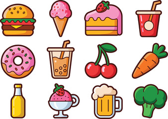 Set of twelve cute cartoon food icons including burger, ice cream, cake, drinks, donut, cherries, carrot, yogurt, beer and broccoli
