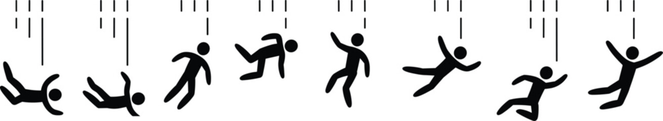 Black Human Figures Falling Downward with Vertical Lines on White Background falling figures silhouettes