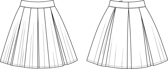 Front and Back View of a Pleated Skirt Fashion Design Sketch Keywords: skirt, pleated, fashion, design, sketch, technical