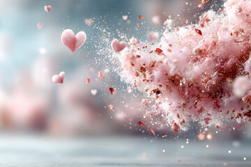 Valentines Day. Romantic pink heart shapes floating in a dreamy cloud of soft pastel colors