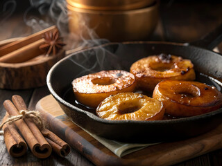 Caramelized Apple Rings with Cinnamon on Rustic Cast-Iron Pan, Cozy Winter Flatlay