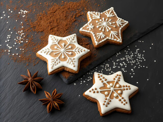Star-Shaped Gingerbread Cookies with White Icing and Cinnamon Dust on Dark Slate Background